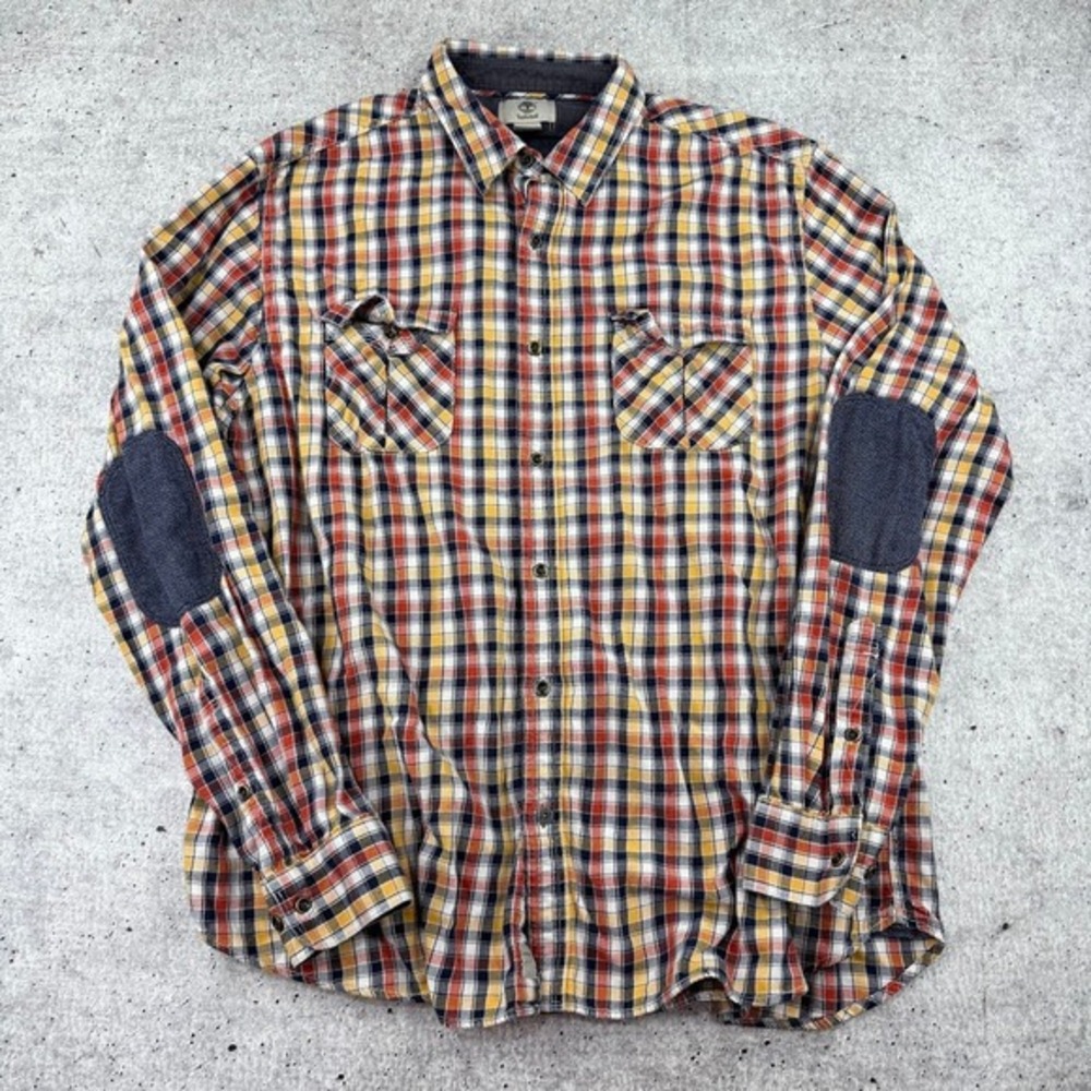 Timberland Elbow Patch Button Up Flannel Shirt White Yellow Mens XL Regular